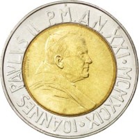 Vatican City coin 500 Lire - John Paul II - Time of Choices, Time of Hope (1999) obverse obverse of 500 Lire - John Paul II - Time of Choices, Time of Hope (1999) coin with KM# 310 from Vatican City. Inscription: IOANNES PAVLVS II P.M. AN XXI · MCMXCIX ·