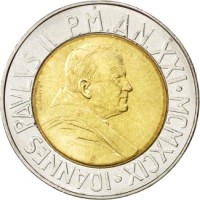 obverse of 500 Lire - John Paul II - Time of Choices, Time of Hope (1999) coin with KM# 310 from Vatican City. Inscription: IOANNES PAVLVS II P.M. AN XXI · MCMXCIX ·