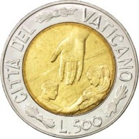 reverse of 500 Lire - John Paul II - Time of Choices, Time of Hope (1999) coin with KM# 310 from Vatican City. Inscription: CITTA' DEL	VATICANO L.500