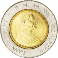 Vatican City coin 500 Lire - John Paul II (1986) obverse obverse of 500 Lire - John Paul II (1986) coin with KM# 197 from Vatican City. Inscription: IOANNES PAVLVS II P. M. AN. VIII - MCMLXXXVI