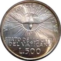Vatican City coin 500 Lire - Sede Vacante - Sede Vacante (1963) reverse reverse of 500 Lire - Sede Vacante - Sede Vacante (1963) coin with KM# 75 from Vatican City. Inscription: VENI SANCTE SPIR ITVS STATO DELLA CITTA' DEL VATICANO L. 500