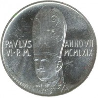 obverse of 500 Lire - Paulus VI (1969) coin with KM# 115 from Vatican City. Inscription: PAVLVS ANNO VII VI P.M. MCMLXIX