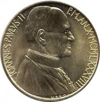 obverse of 200 Lire - John Paul II (1988) coin with KM# 210 from Vatican City. Inscription: IOANNES PAVLVS II P.M. AN.X · MCMLXXXVIII