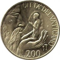 reverse of 200 Lire - John Paul II (1988) coin with KM# 210 from Vatican City. Inscription: CITTA' DEL VATICANO L.200 R