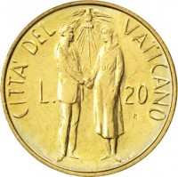 reverse of 20 Lire - John Paul II (1982) coin with KM# 162 from Vatican City. Inscription: CITTA' DEL	VATICANO L. 20