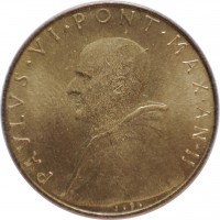 obverse of 20 Lire - Paul VI (1963 - 1965) coin with KM# 80 from Vatican City. Inscription: PAVLVS.VI.PONT.MAX.AN.II J.P.