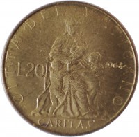 reverse of 20 Lire - Paul VI (1963 - 1965) coin with KM# 80 from Vatican City. Inscription: CITTA DEL VATICANO L.20 1964 CARITAS
