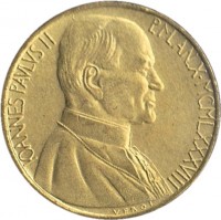 obverse of 20 Lire - John Paul II - Temptation of Adam and Eve (1988) coin with KM# 207 from Vatican City. Inscription: IOANNES PAVLVS II P.M. AN.X · MCMLXXXVIII VEROI