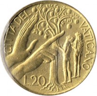 reverse of 20 Lire - John Paul II - Temptation of Adam and Eve (1988) coin with KM# 207 from Vatican City. Inscription: CITTA' DEL VATICANO L.20 R