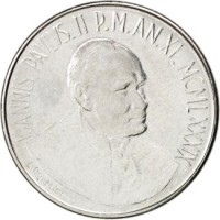 obverse of 50 Lire - John Paul II (1989) coin with KM# 215 from Vatican City. Inscription: IOANNES PAVLVS.II P.M.AN.XI. MCMLXXXIX