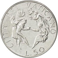 reverse of 50 Lire - John Paul II (1989) coin with KM# 215 from Vatican City. Inscription: CITTA' DEL VATICANO L. 50