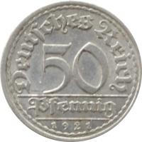 reverse of 50 Pfennig (1919 - 1922) coin with KM# 27 from Germany. Inscription: Deutsches Reich 50 Pfennig 1922