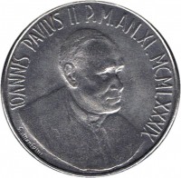 obverse of 100 Lire - John Paul II (1989) coin with KM# 216 from Vatican City. Inscription: IOANNES PAVLVS II P. M. AN.XI. MCMLXXXIX