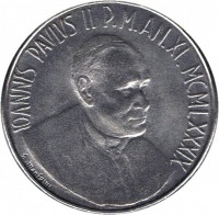 Vatican City coin 100 Lire - John Paul II (1989) obverse obverse of 100 Lire - John Paul II (1989) coin with KM# 216 from Vatican City. Inscription: IOANNES PAVLVS II P. M. AN.XI. MCMLXXXIX