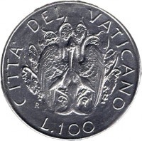 reverse of 100 Lire - John Paul II (1989) coin with KM# 216 from Vatican City. Inscription: CITTA' DEL VATICANO R L. 100