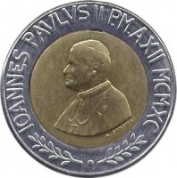 obverse of 500 Lire - John Paul II (1990) coin with KM# 225 from Vatican City. Inscription: IOANNES PAVLVS II P.M. A.XII MCMXC