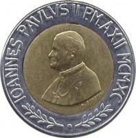 Vatican City coin 500 Lire - John Paul II (1990) obverse obverse of 500 Lire - John Paul II (1990) coin with KM# 225 from Vatican City. Inscription: IOANNES PAVLVS II P.M. A.XII MCMXC