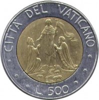 reverse of 500 Lire - John Paul II (1990) coin with KM# 225 from Vatican City. Inscription: CITTA' DEL VATICANO L. 500