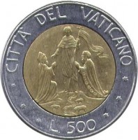 Vatican City coin 500 Lire - John Paul II (1990) reverse reverse of 500 Lire - John Paul II (1990) coin with KM# 225 from Vatican City. Inscription: CITTA' DEL VATICANO L. 500