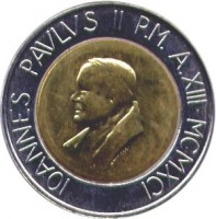 obverse of 500 Lire - John Paul II (1991) coin with KM# 233 from Vatican City. Inscription: IOANNES PAVLVS II P.M. A.XIII · MCMXCI