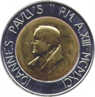 Vatican City coin 500 Lire - John Paul II (1991) obverse obverse of 500 Lire - John Paul II (1991) coin with KM# 233 from Vatican City. Inscription: IOANNES PAVLVS II P.M. A.XIII · MCMXCI