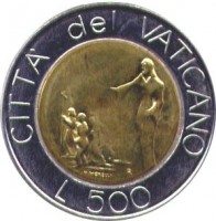 reverse of 500 Lire - John Paul II (1991) coin with KM# 233 from Vatican City. Inscription: CITTA' del VATICANO L 500