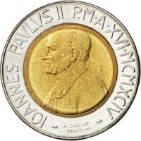 obverse of 500 Lire - John Paul II (1994) coin with KM# 257 from Vatican City. Inscription: - IOANNES PAVLVS II P.M · A · XVI · MCMXCIV - A. CANEVARI DRIUTTI INC.