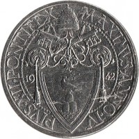 obverse of 20 Centesimi - Pius XII (1942 - 1946) coin with KM# 33 from Vatican City. Inscription: PLVS XIII PONTIFEX MAXIMVS ANNO IV 19 42