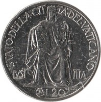 reverse of 20 Centesimi - Pius XII (1942 - 1946) coin with KM# 33 from Vatican City. Inscription: STATTO.DELLA.CITTA'.DEL.VATICANO IVST ITIA CMI 20