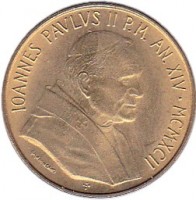 obverse of 20 Lire - John Paul II (1992) coin with KM# 237 from Vatican City. Inscription: IOANNES PAVLVS II P.M. AN.XIV · MCMXCII