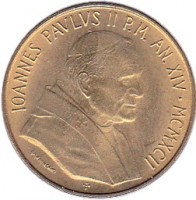 Vatican City coin 20 Lire - John Paul II (1992) obverse obverse of 20 Lire - John Paul II (1992) coin with KM# 237 from Vatican City. Inscription: IOANNES PAVLVS II P.M. AN.XIV · MCMXCII