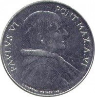 obverse of 50 Lire - Paul VI - FAO (1968) coin with KM# 105 from Vatican City. Inscription: PAVLVS VI PONT.MAX.A.VI