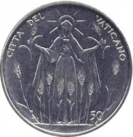reverse of 50 Lire - Paul VI - FAO (1968) coin with KM# 105 from Vatican City. Inscription: CITTA' DEL VATICANO L. 50