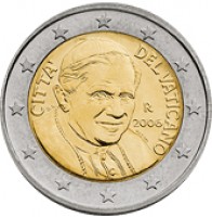 obverse of 2 Euro - Benedict XVI - 1'st Map (2006 - 2007) coin with KM# 382 from Vatican City. Inscription: CITTA' DEL VATICANO · 2006 R D. L. M.C.C INC.