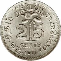 Ceylon coin 25 Cents - George V (1911 - 1917) reverse reverse of 25 Cents - George V (1911 - 1917) coin with KM# 105 from Ceylon. Inscription: CEYLON 25 CENTS · 1911 ·