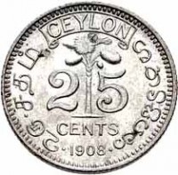 Ceylon coin 25 Cents - Edward VII (1902 - 1910) reverse reverse of 25 Cents - Edward VII (1902 - 1910) coin with KM# 98 from Ceylon. Inscription: CEYLON 2 5 CENTS · 1910 ·