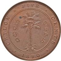 Ceylon coin 5 Cents - Victoria (1870 - 1892) reverse reverse of 5 Cents - Victoria (1870 - 1892) coin with KM# 93 from Ceylon. Inscription: CEYLON . FIVE . CENTS . 1890 .