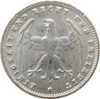 obverse of 200 Mark (1923) coin with KM# 35 from Germany. Inscription: EINIGKEIT UND RECHT UND FREIHEIT *