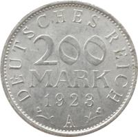 reverse of 200 Mark (1923) coin with KM# 35 from Germany. Inscription: DEUTSCHES REICH 200 MARK 1923 G