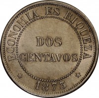 reverse of 2 Centavos (1870 - 1877) coin with KM# 147 from Chile. Inscription: ECONOMIA ES RIQUEZA DOS CENTAVOS * 1873 *