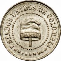 Colombia coin 2 1/2 Centavos (1886) obverse obverse of 2 1/2 Centavos (1886) coin with KM# 182 from Colombia. Inscription: ESTADOS UNIDOS DE COLOMBIA
