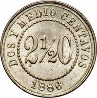 reverse of 2 1/2 Centavos (1886) coin with KM# 182 from Colombia. Inscription: DOS MEDIO CENTAVOS 2 1/2 C 1886