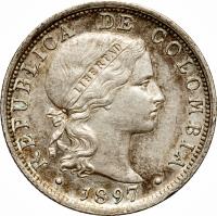 obverse of 10 Centavos (1897) coin with KM# 188 from Colombia. Inscription: . REPUBLICA DE COLOMBIA . LIBERTAD 1897
