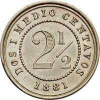 Colombia coin 2 1/2 Centavos (1881) reverse reverse of 2 1/2 Centavos (1881) coin with KM# 180 from Colombia. Inscription: DOS I MEDIO CENTAVOS 2½ 1881