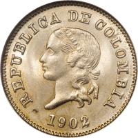 Colombia coin 5 Centavos (1886 - 1902) obverse obverse of 5 Centavos (1886 - 1902) coin with KM# 184 from Colombia. Inscription: REPUBLICA DE COLOMBIA 1902