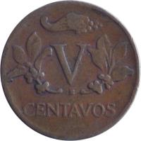 reverse of 5 Centavos - With date (1942 - 1966) coin with KM# 206 from Colombia. Inscription: V CENTAVOS