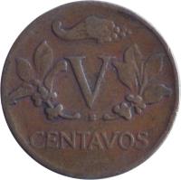 Colombia coin 5 Centavos - With date (1942 - 1966) reverse reverse of 5 Centavos - With date (1942 - 1966) coin with KM# 206 from Colombia. Inscription: V CENTAVOS