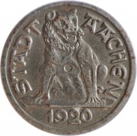 obverse of 10 Pfennig - Aachen (Rheinprovinz) (1920) coin with F# 1 from Germany. Inscription: STADT AACHEN 1920