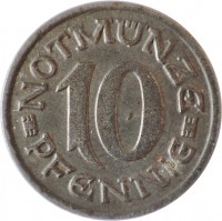 reverse of 10 Pfennig - Aachen (Rheinprovinz) (1920) coin with F# 1 from Germany. Inscription: NOTMÜNZE 10 - PFENNIG -