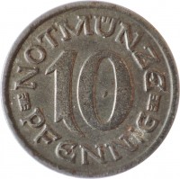 Germany coin 10 Pfennig - Aachen (Rheinprovinz) (1920) reverse reverse of 10 Pfennig - Aachen (Rheinprovinz) (1920) coin with F# 1 from Germany. Inscription: NOTMÜNZE 10 - PFENNIG -
